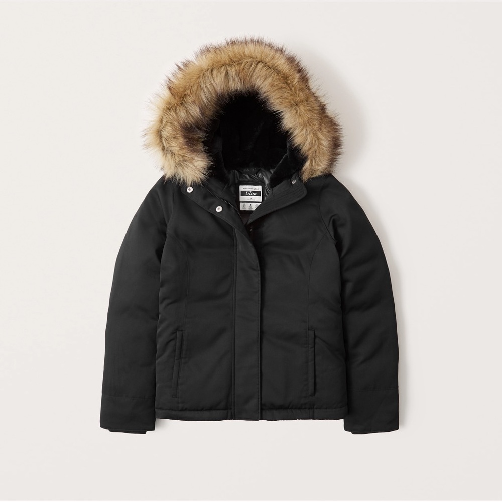 Abercrombie & Fitch Black Ultra Puffer Jacket with Fur Hood